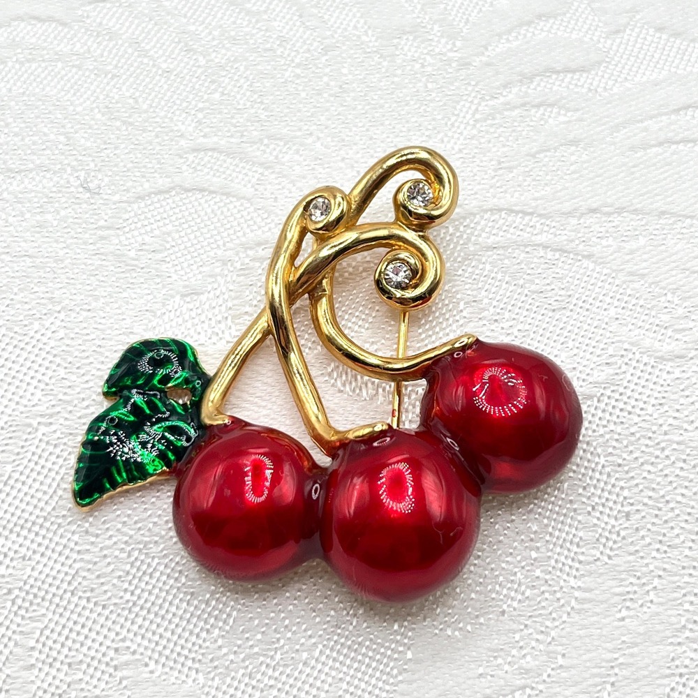 Vintage Saxon Cherry Red Enamel Brooch w/ Rhinestone Details and Gold Tone